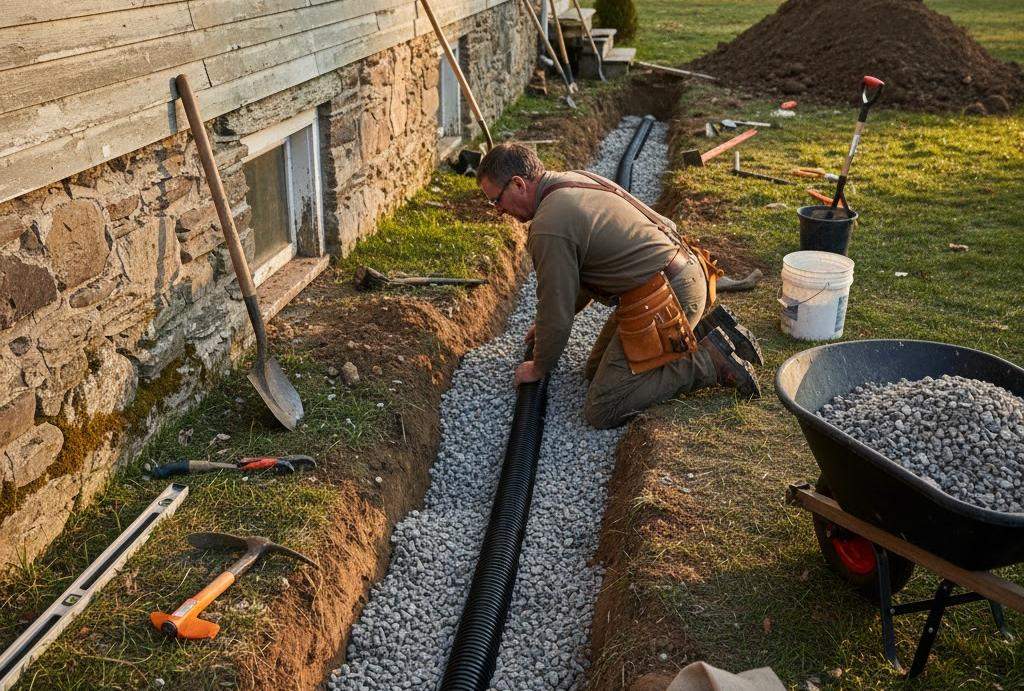 Worker installing a foundation drainage pipe beside a home